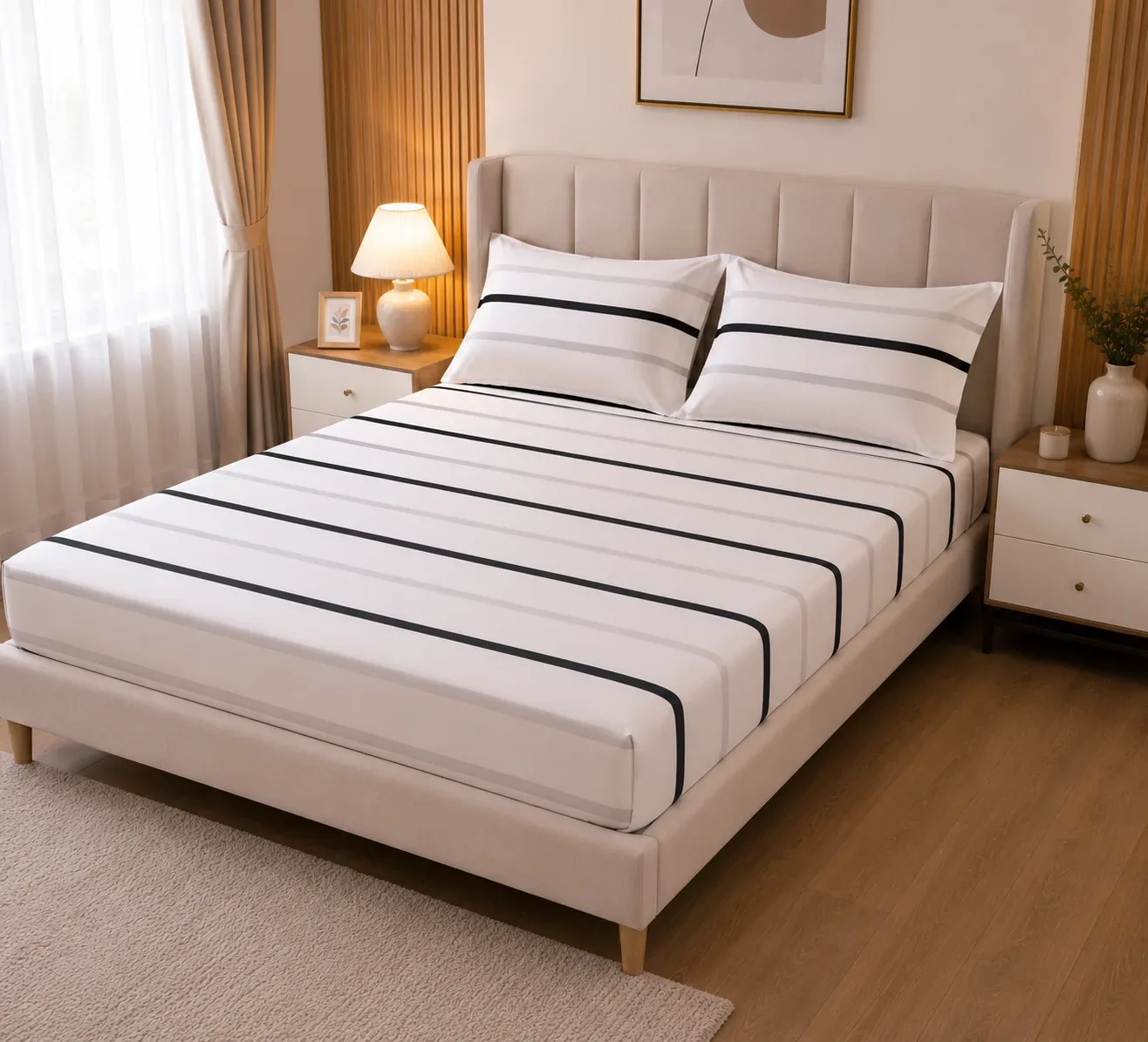 Modern White Stripe Bedsheet Set – 2.50m × 2.50m