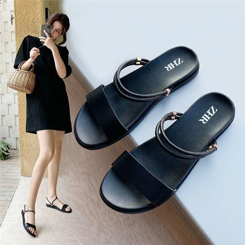 ​Women's 2-way platform flat sandals with double straps, black