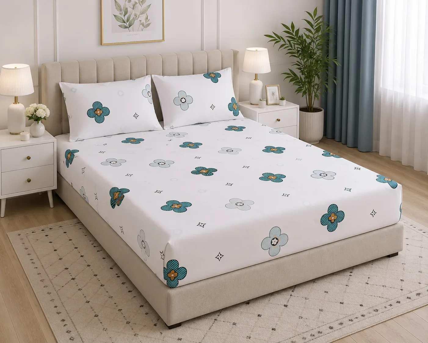 Modern Floral Bedsheet Set with Pillow Covers – 180cm × 2m