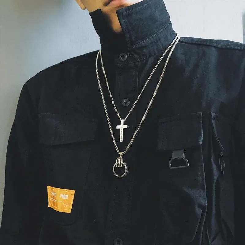 Skull Hand Ring Cross Necklace  2set