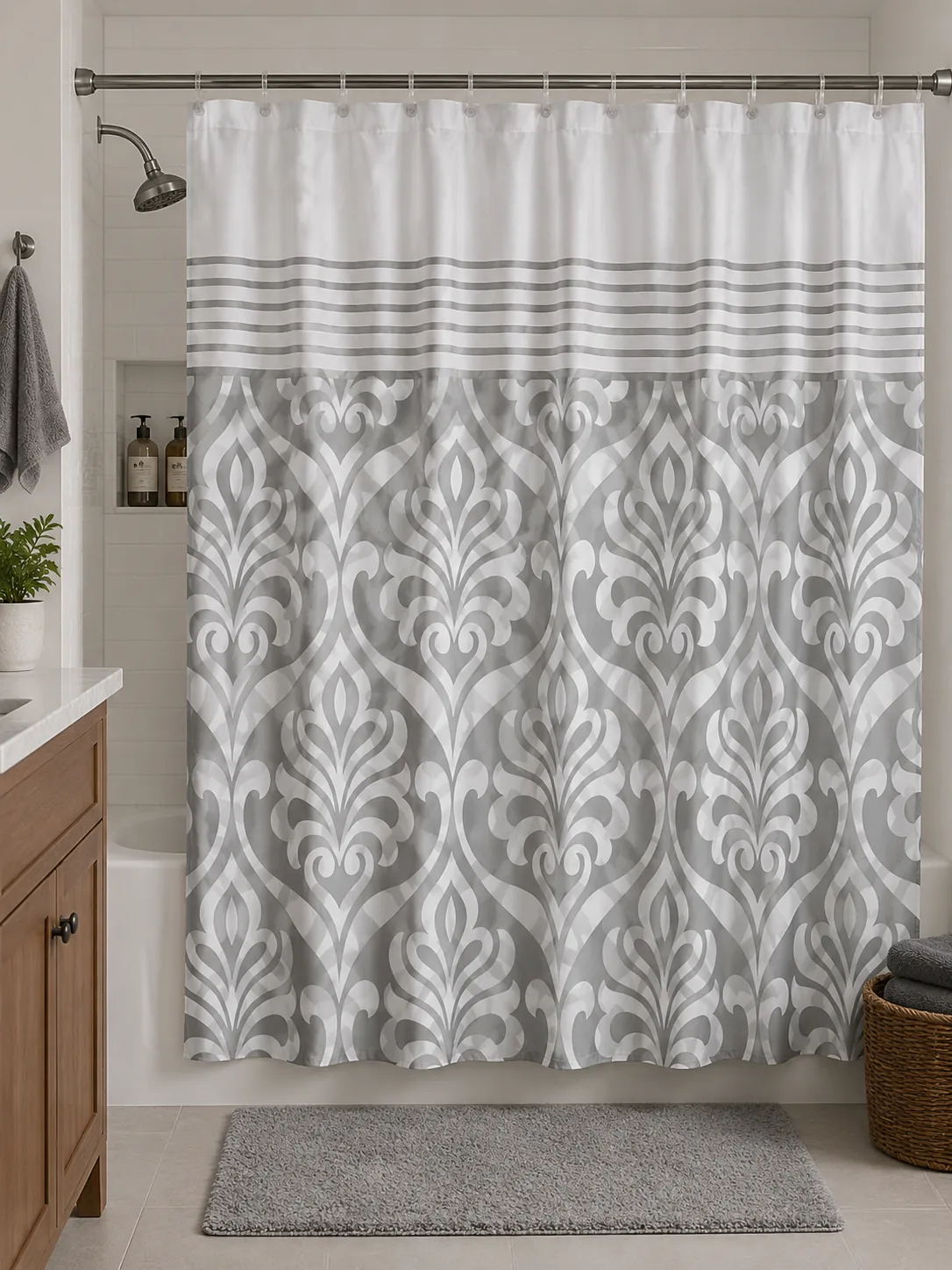Modern Grey Floral PEVA Shower Curtain Set (13 Pieces)