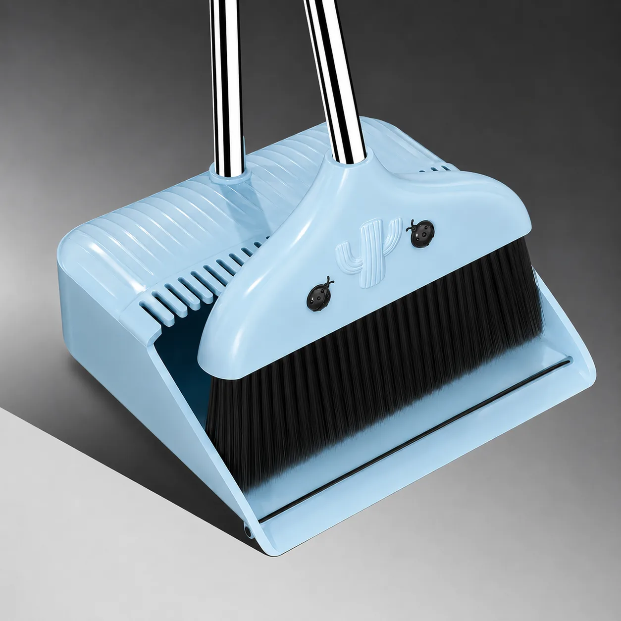 Premium Long Handle Broom & Dustpan Set with Built-in Comb Teeth (Sky Blue / Mint Green)