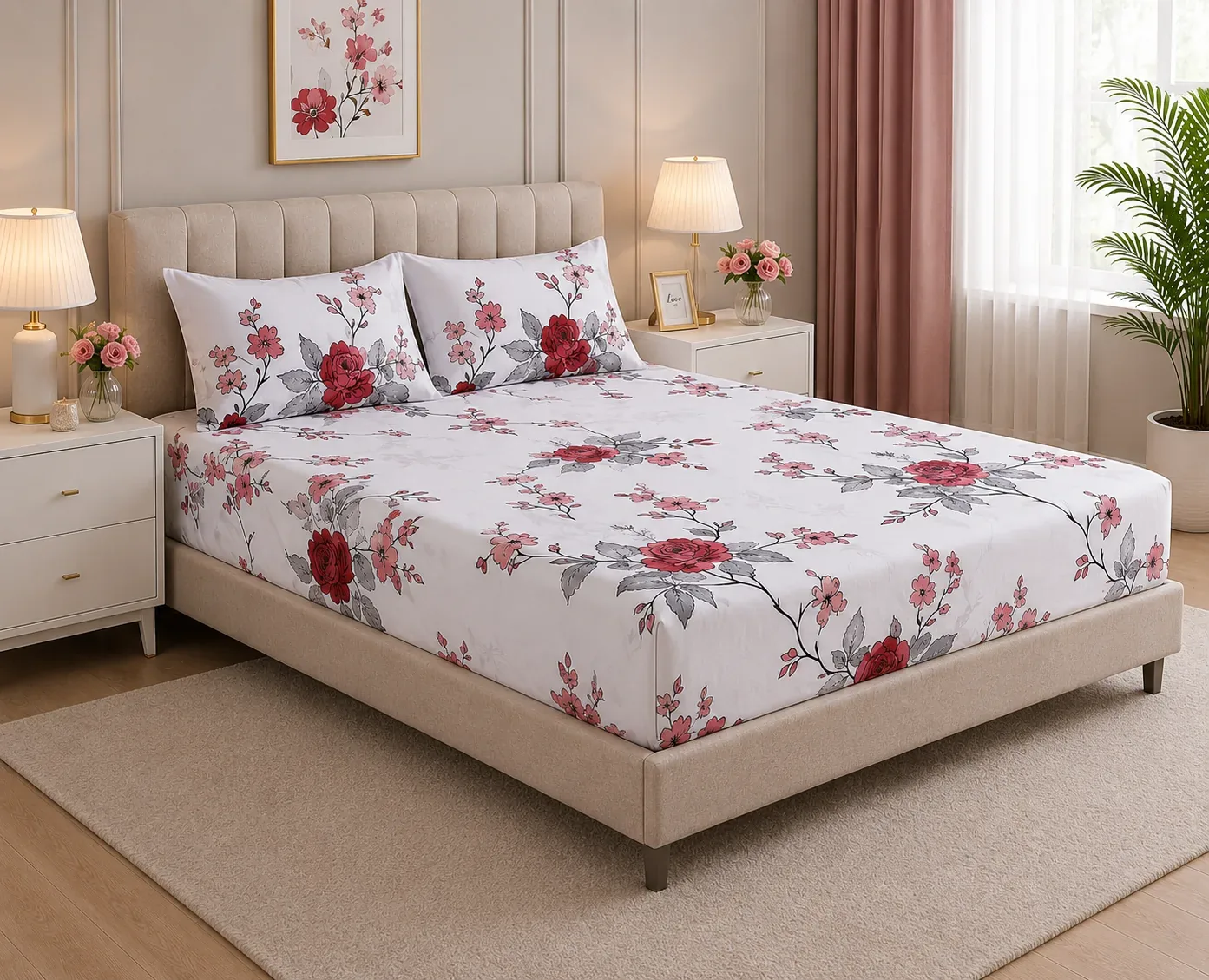 Luxury Rose Floral Bedsheet Set with Pillow Covers – 180cm × 2m