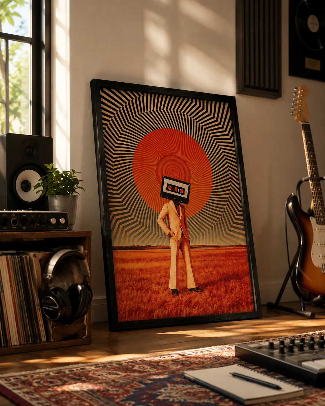 Vintage Cassette Head Psychedelic Wall Art – Black Wooden Framed Canvas