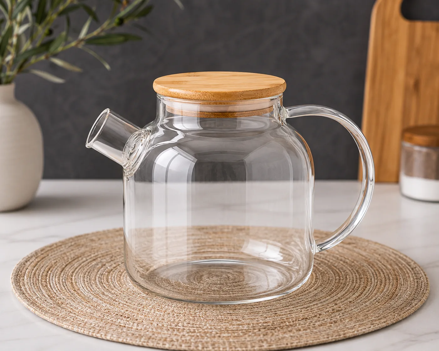 1.5L Glass Tea Pot with Bamboo Lid – Heat-Resistant Glass Pitcher