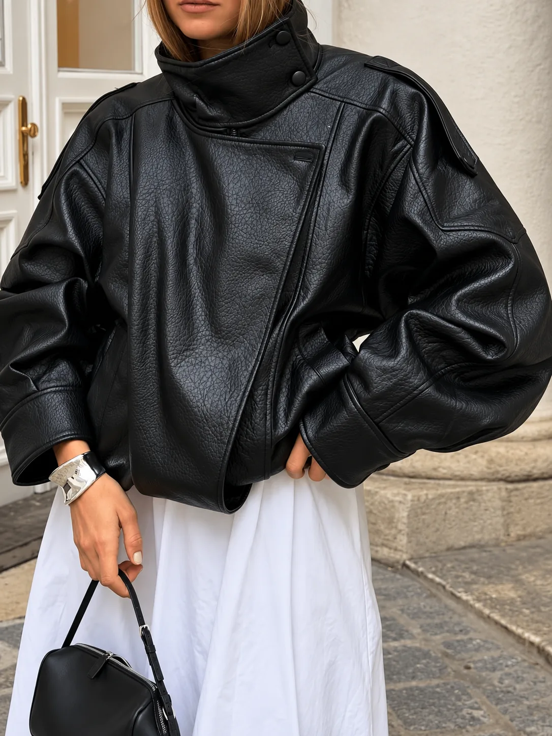 Women’s Oversized Black and Brown Leather Jacket – High Collar Utility Style