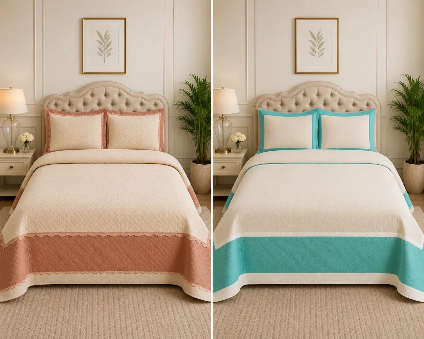 Luxury Quilted Bed Cover Set with Pillow Covers – Cream & Pink / Cream & Aqua  2*2 Meter