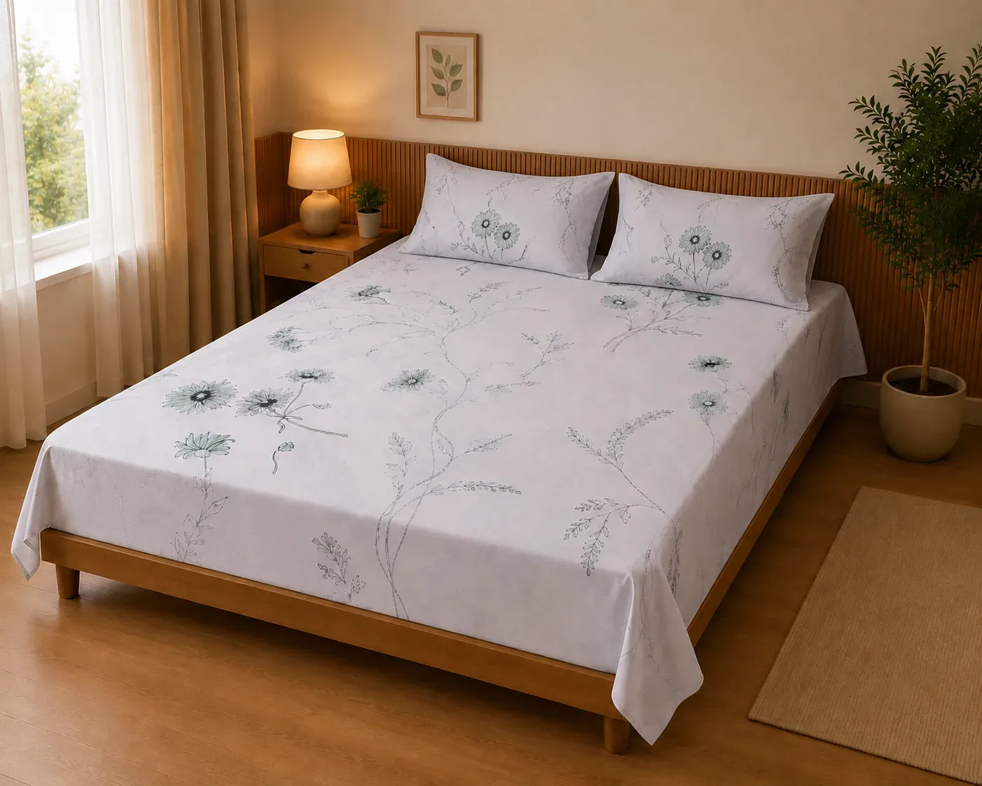 Elegant Floral Printed 2 Meter Bedsheet Set with pillow covers