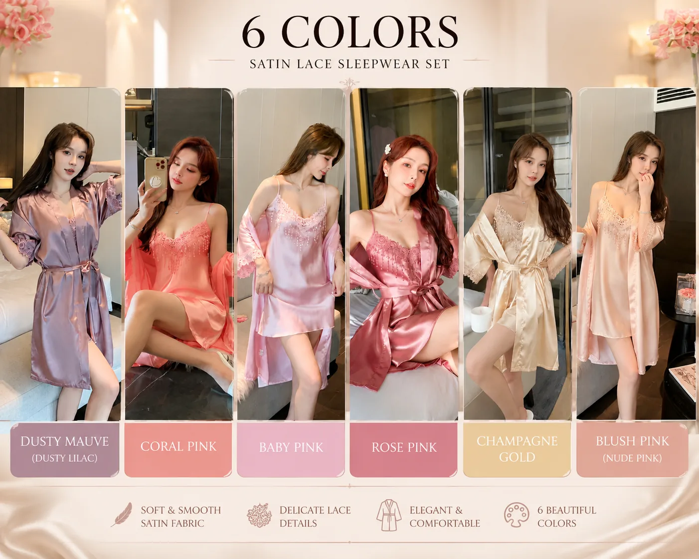 6-Piece Satin Lace Sleepwear Set for Women