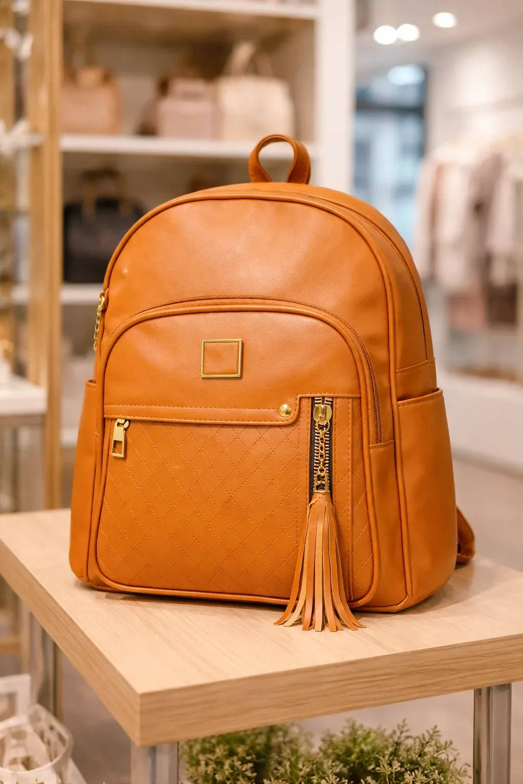 Elegant Camel Quilted Leather Backpack