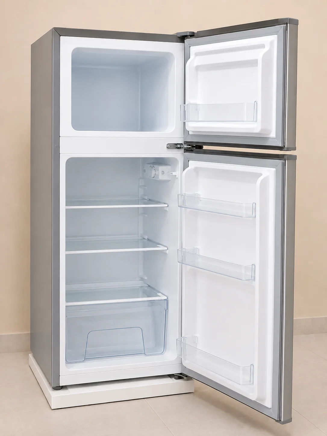 Silver Double-Door Refrigerator with Top Freezer