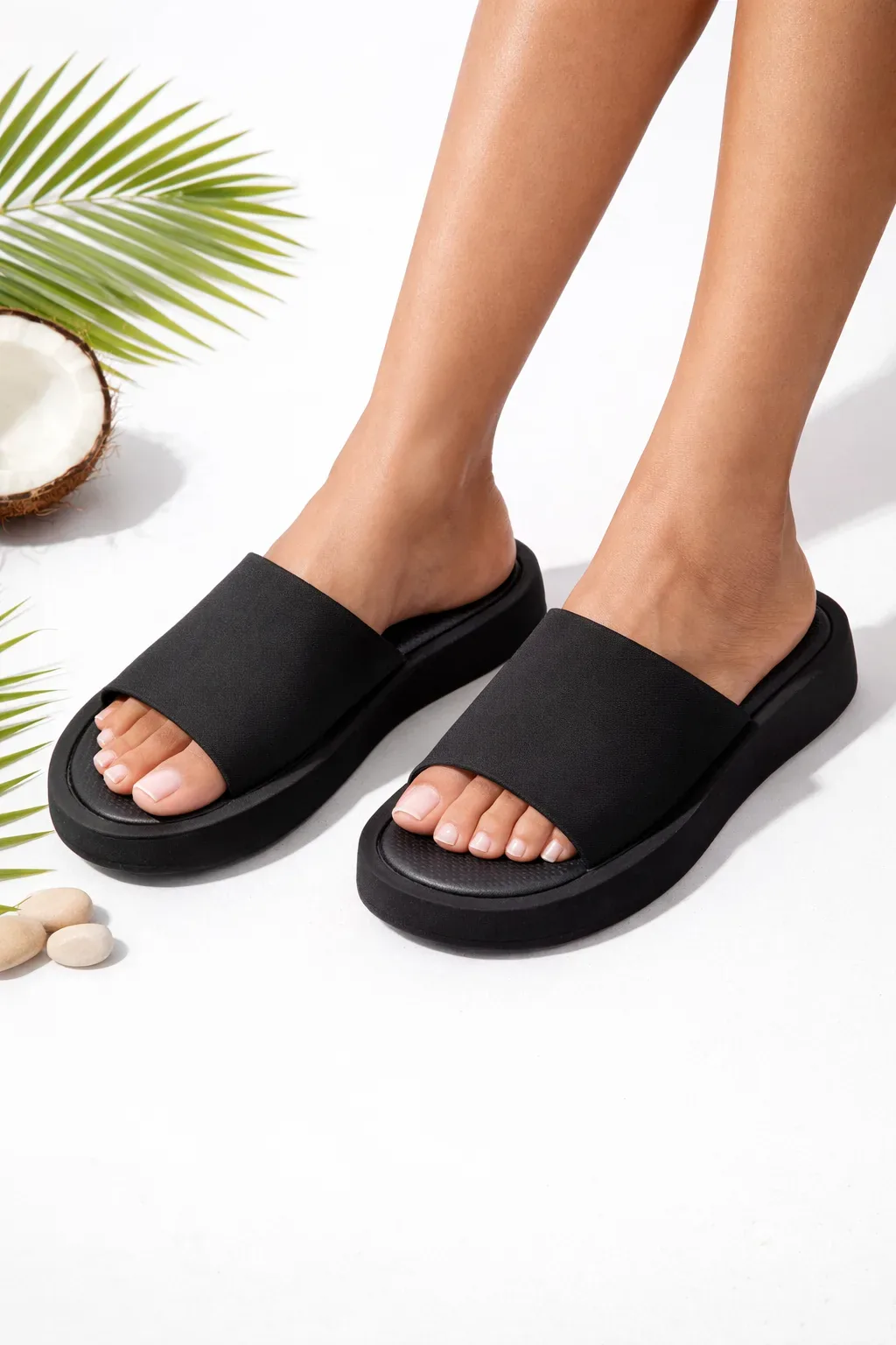 ComfortLift Black Platform Slide Sandals for Women