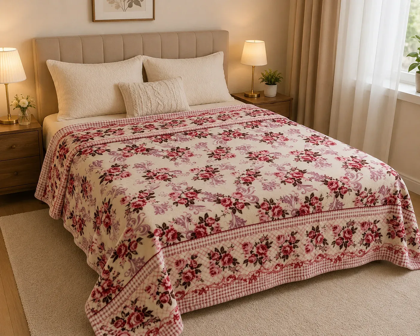 Luxury Floral Soft Blanket – Cream Pink Rose Design 140cm*160cm