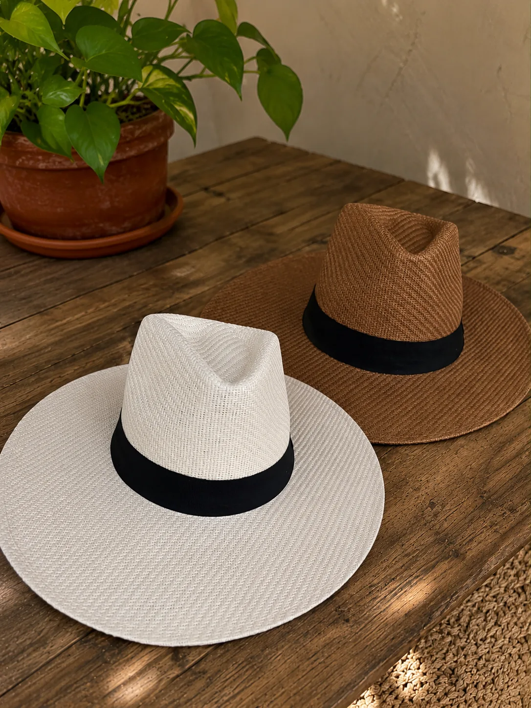 Wide Brim Straw Sun Hat with Black Ribbon Band
