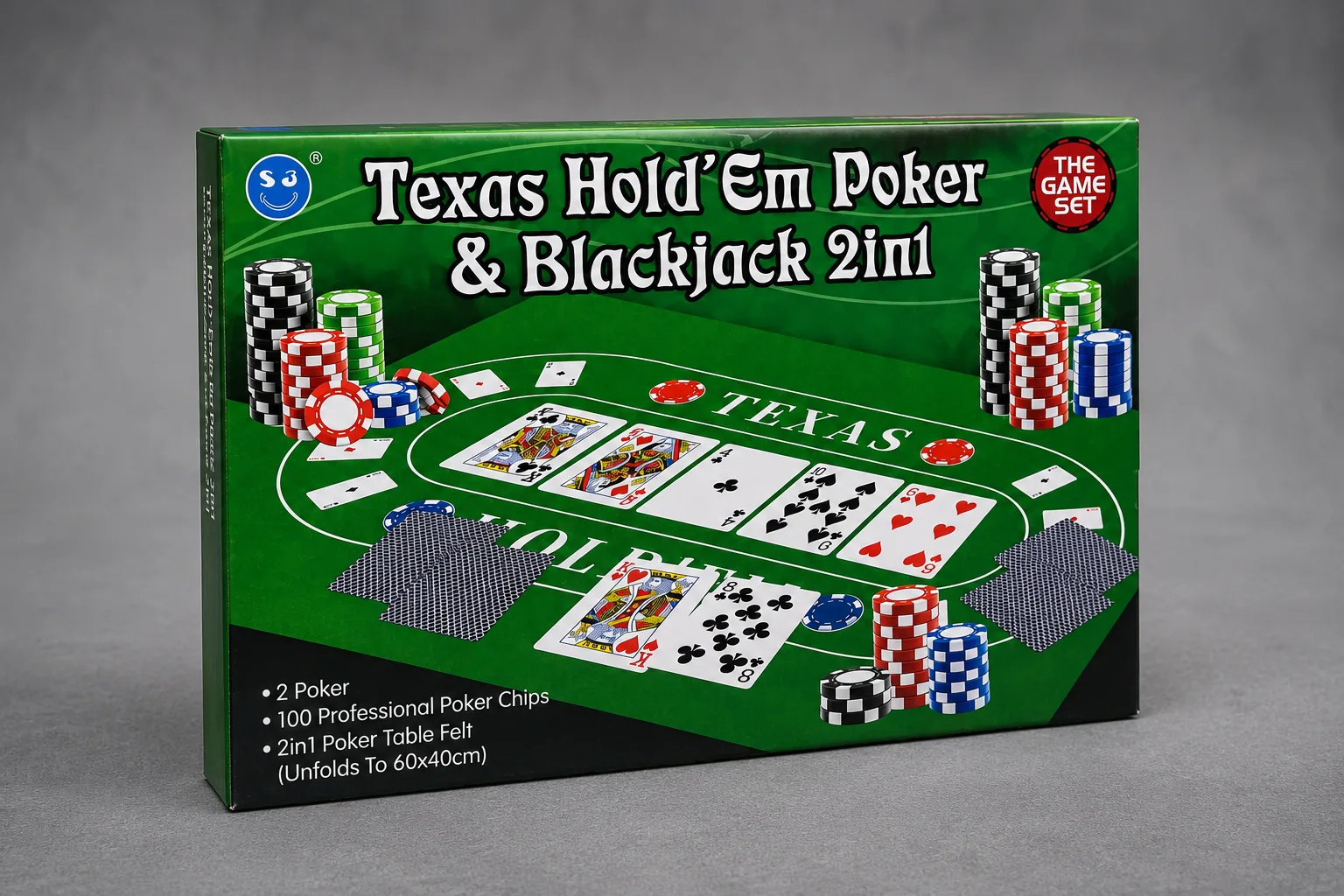 Texas Hold'Em Poker & Blackjack 2-in-1 Game Set – 100 Poker Chips with 60 × 40 cm Table Felt