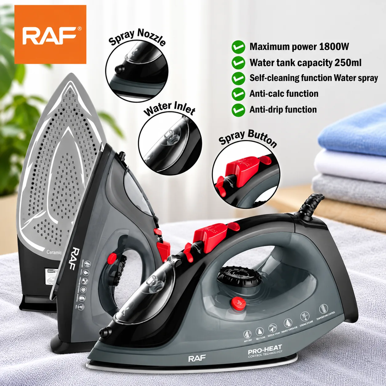 RAF Electric Steam Iron 1800W – Ceramic Soleplate, Self-Cleaning & Anti-Drip