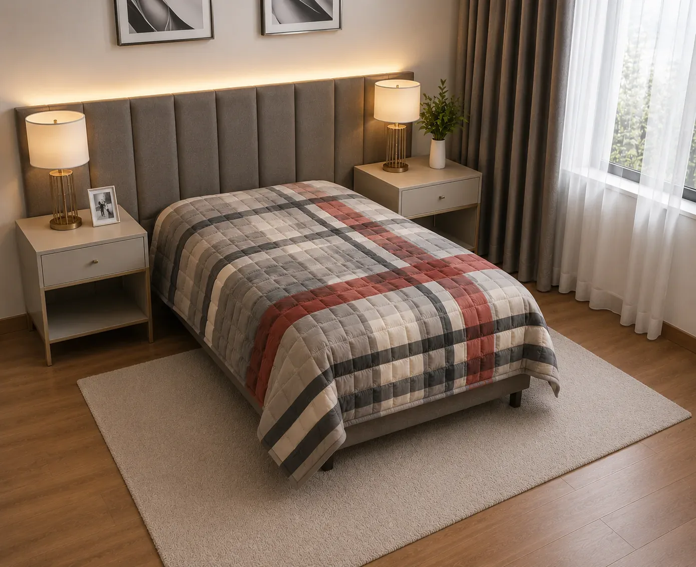 Modern Plaid Quilted Bedcover – Grey, Cream & Rust Red (120cm × 140cm)