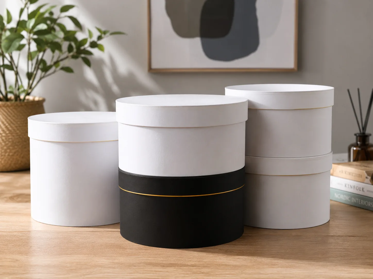 Modern Round Storage Gift Box – White & Black with Gold Accent