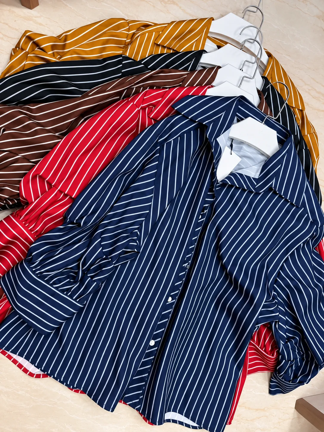 Striped Oversized Button-Up Shirt  For  Navy Blue | Red | Chocolate Brown | Black | Mustard Yellow