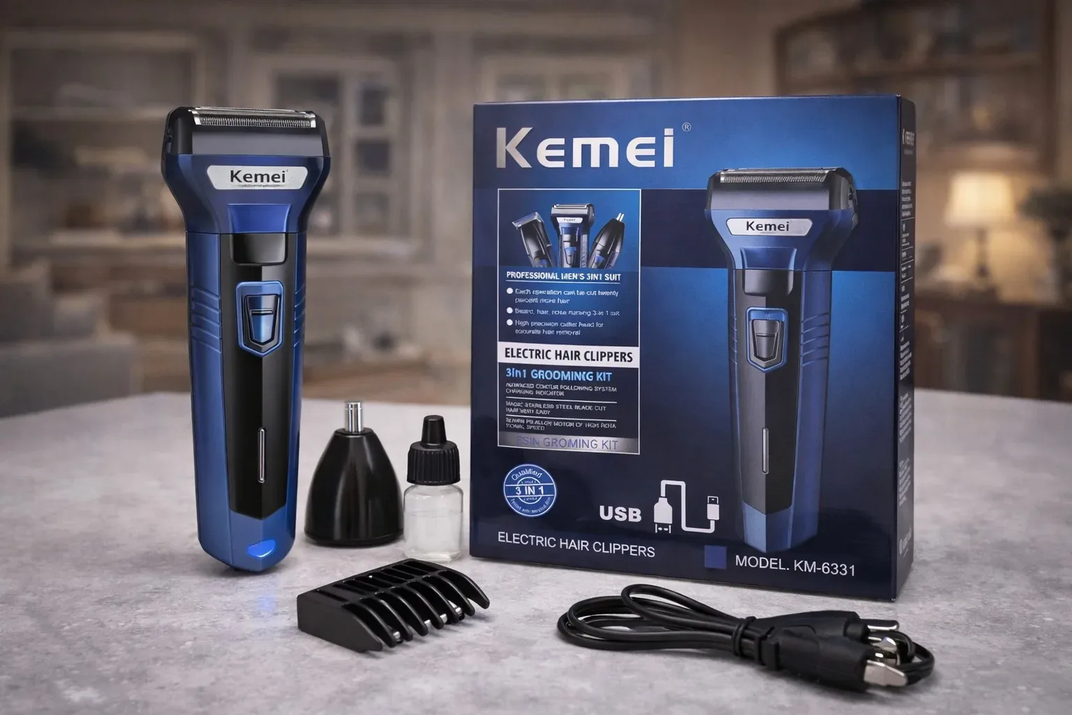 Kemei KM-6331 3-in-1 Electric Grooming Kit – USB Rechargeable Hair Clipper & Shaver