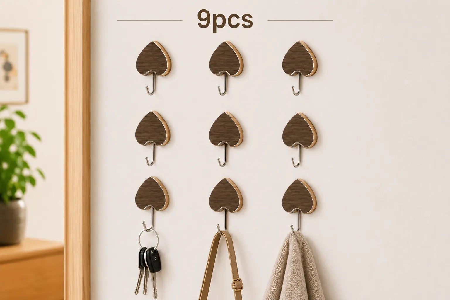 Heart Shape Wood Style Adhesive Wall Hooks