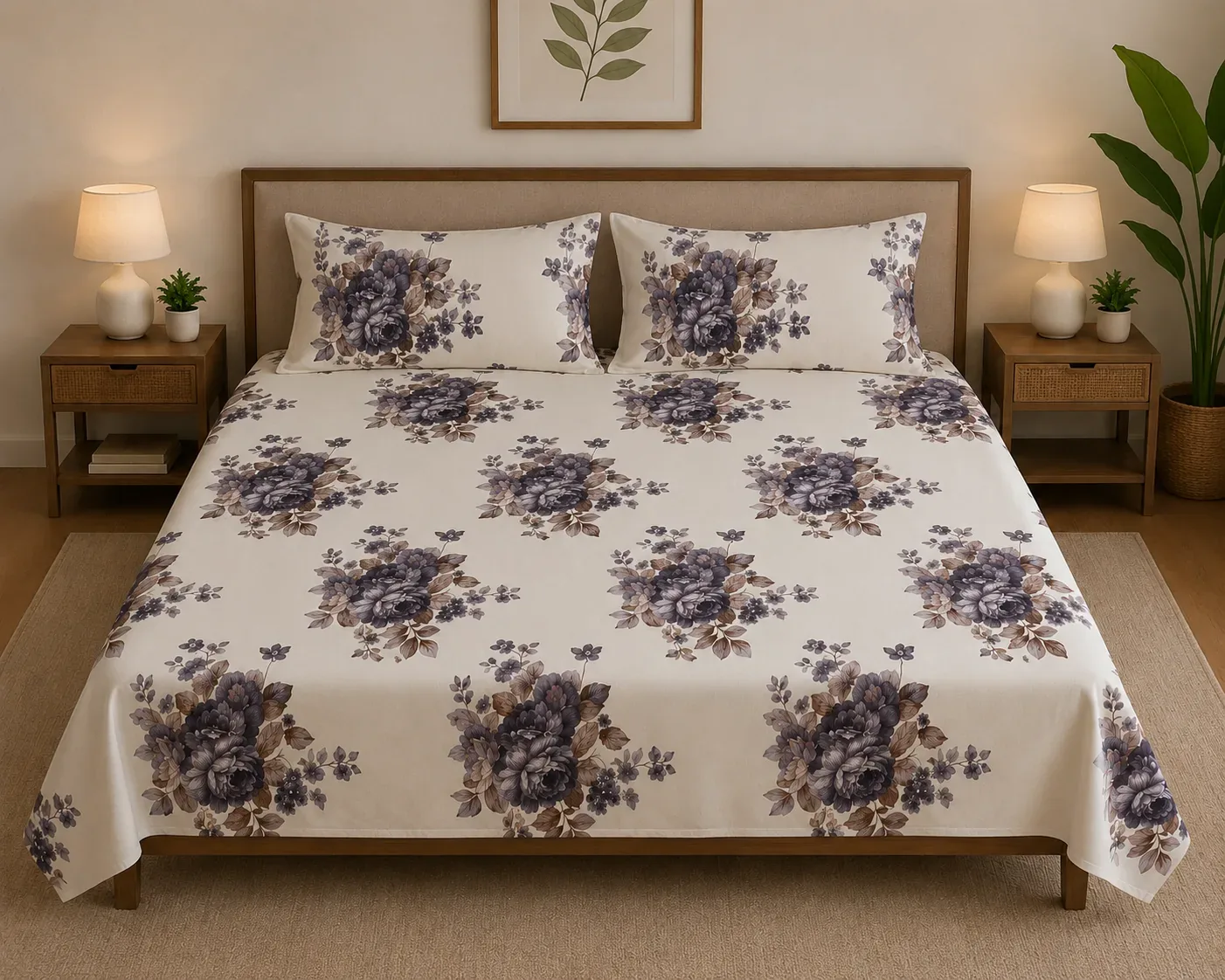 Luxury Grey Floral Cotton Bedsheet Set with pillow covers – 2M