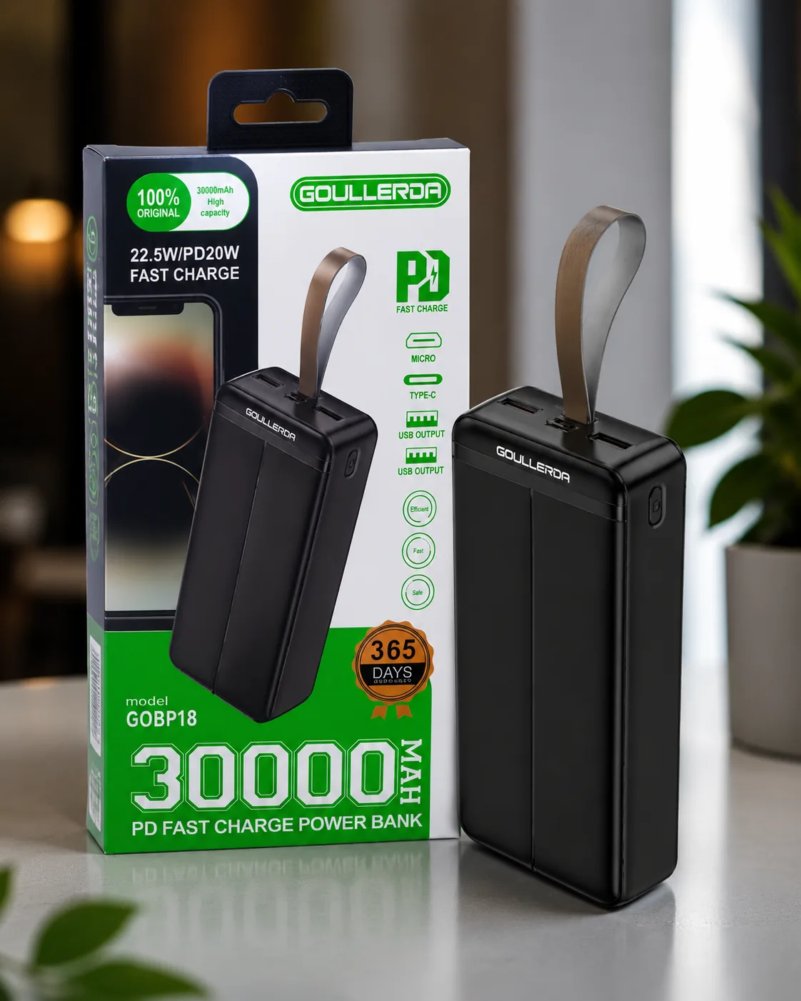 GOULLERDA 30000mAh PD Fast Charge Power Bank (22.5W PD20W) – Dual USB & Type-C