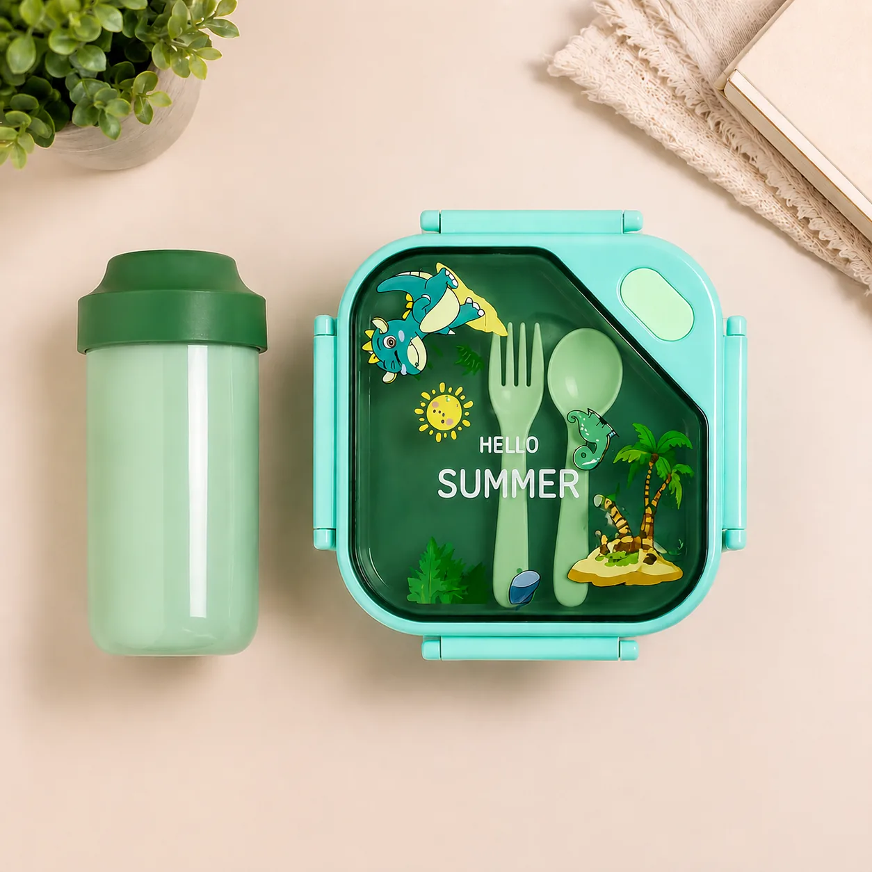 Kids 3-in-1 Dino Lunch Box & Water Bottle Set – BPA-Free School Lunch Kit (Green)