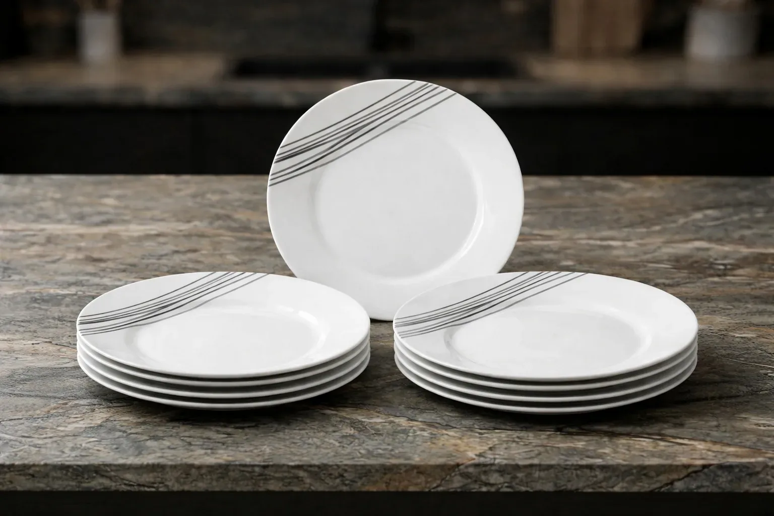 12-Piece Elegant White Ceramic plates Set with Stripe Design