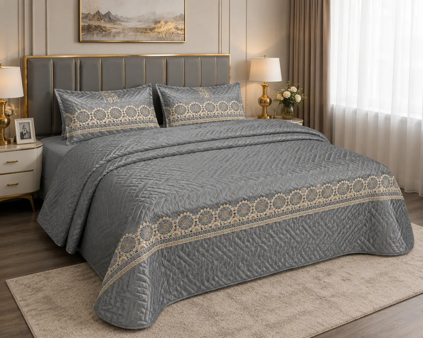 Luxury Quilted Bedcover Set with Elegant Lace Pillow Covers – Grey 2m × 2m (200cm × 200cm)