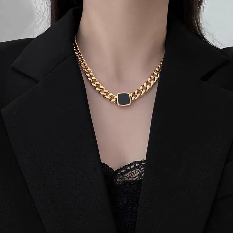 Luxury Gold Chain Necklace with Black Pendant