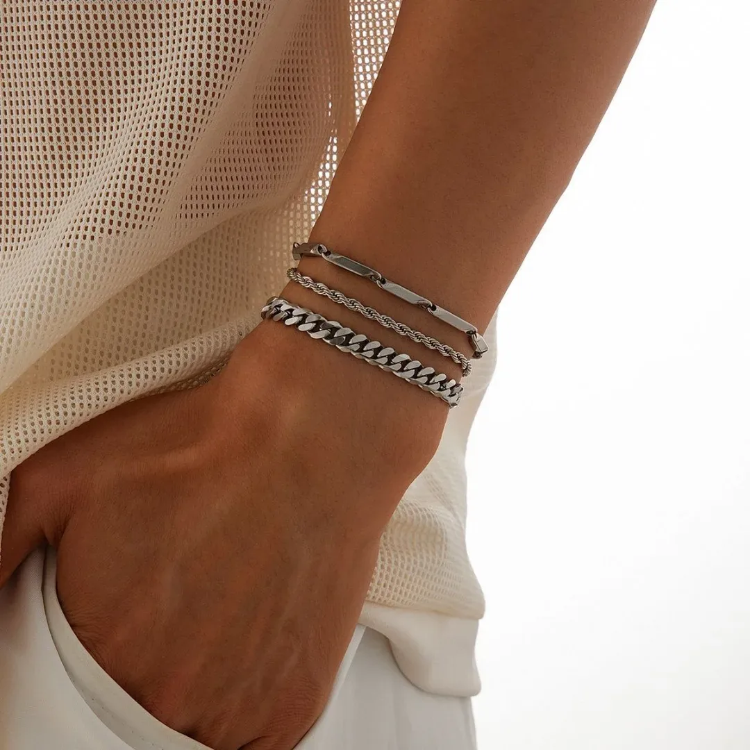 3pcs Set Men’s Stainless Steel Simple Fashion Chain Bracelet, For Daily Wear