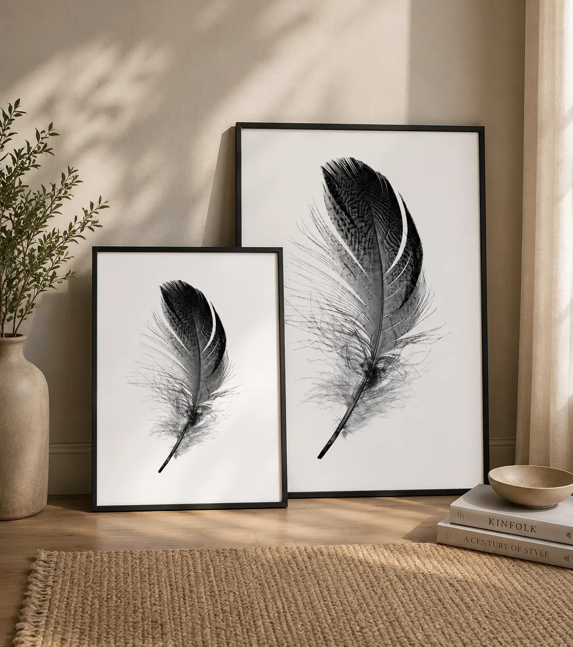 Elegant Feather Wall Art Frame – Black & White Minimalist Decor