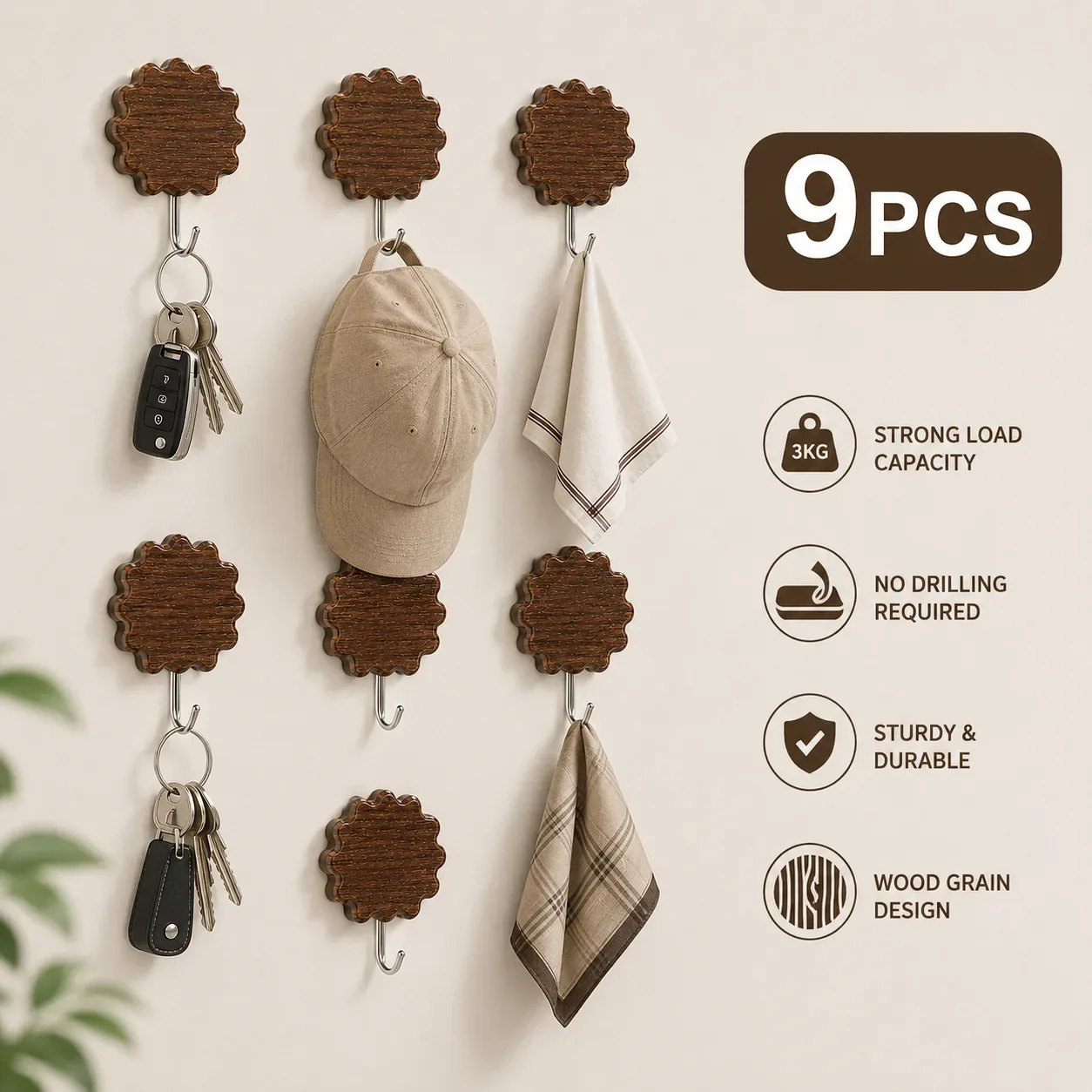 9pcs Wood Style Adhesive Wall Hooks Set