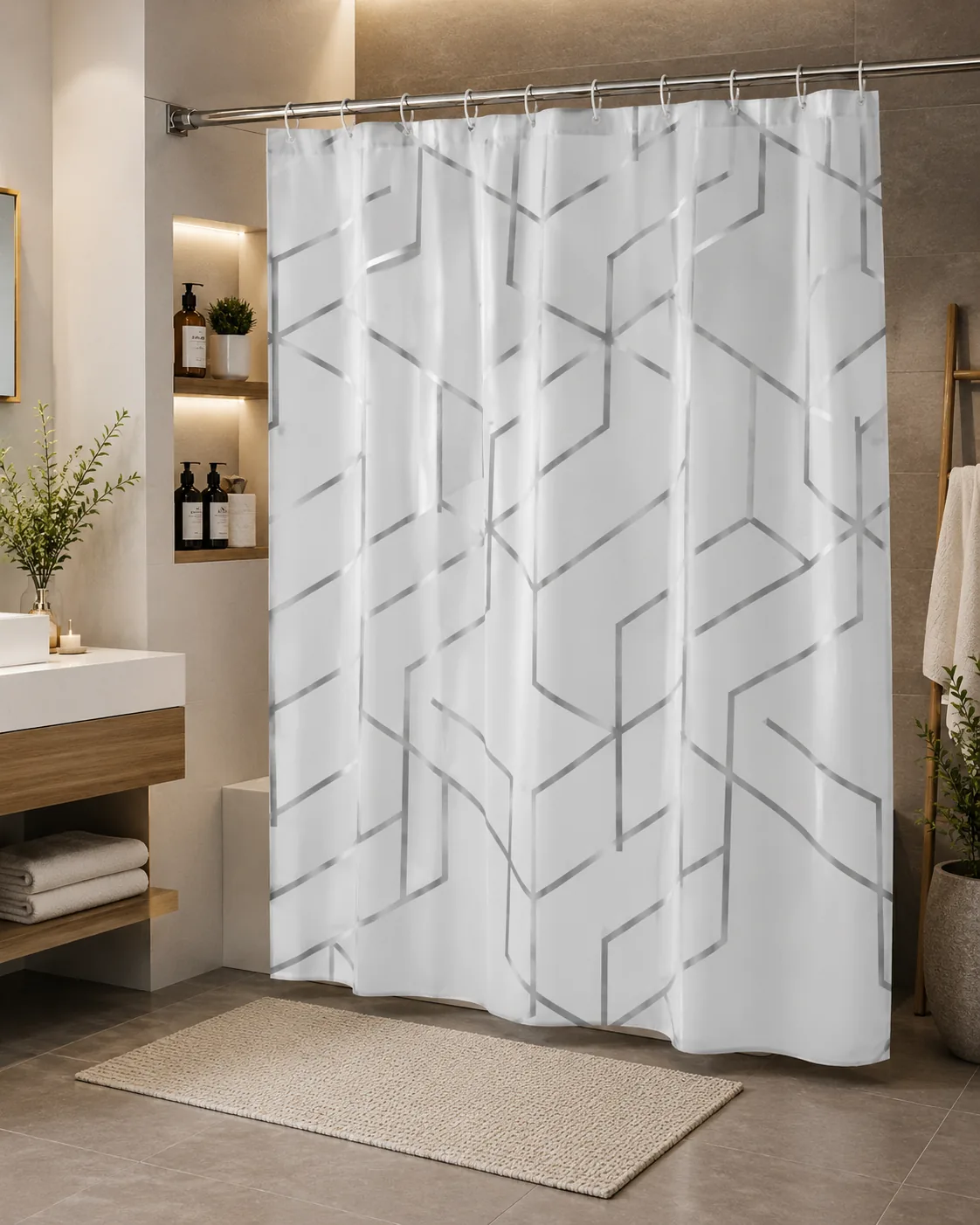 Modern Geometric Waterproof PEVA Shower Curtain Set (13 Pieces) – 71 in × 71 in