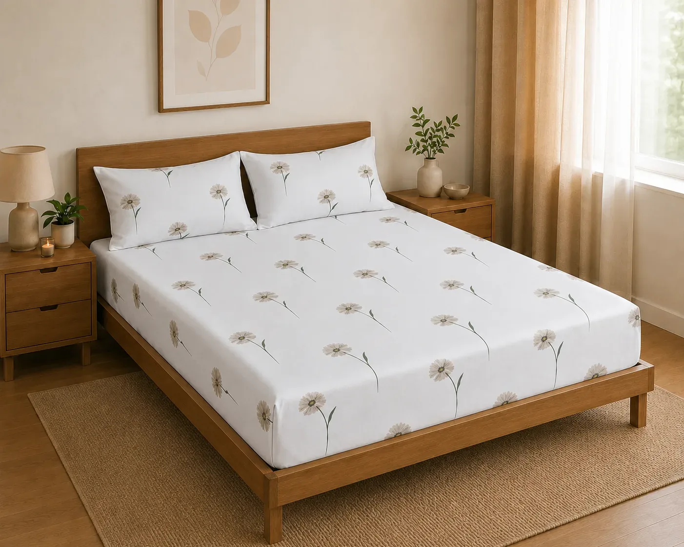 Elegant White Floral Cotton Bedsheet Set with pillow covers– 2M