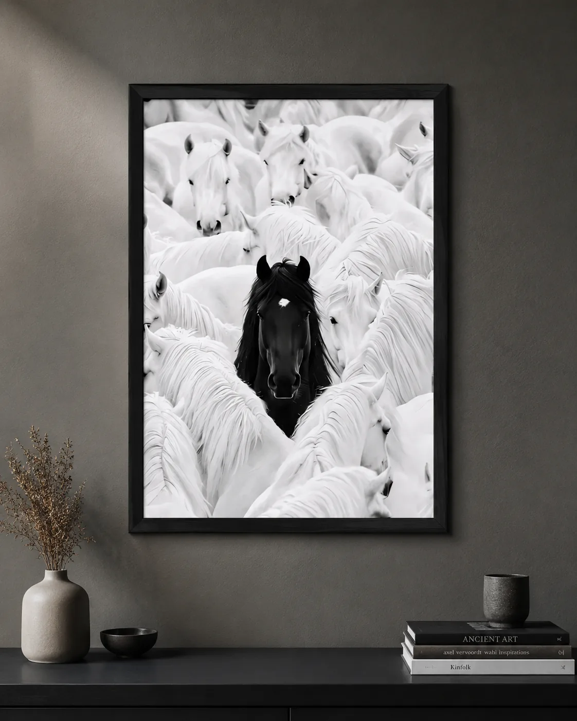 Black Horse Among White Horses – Premium Framed Wall Art