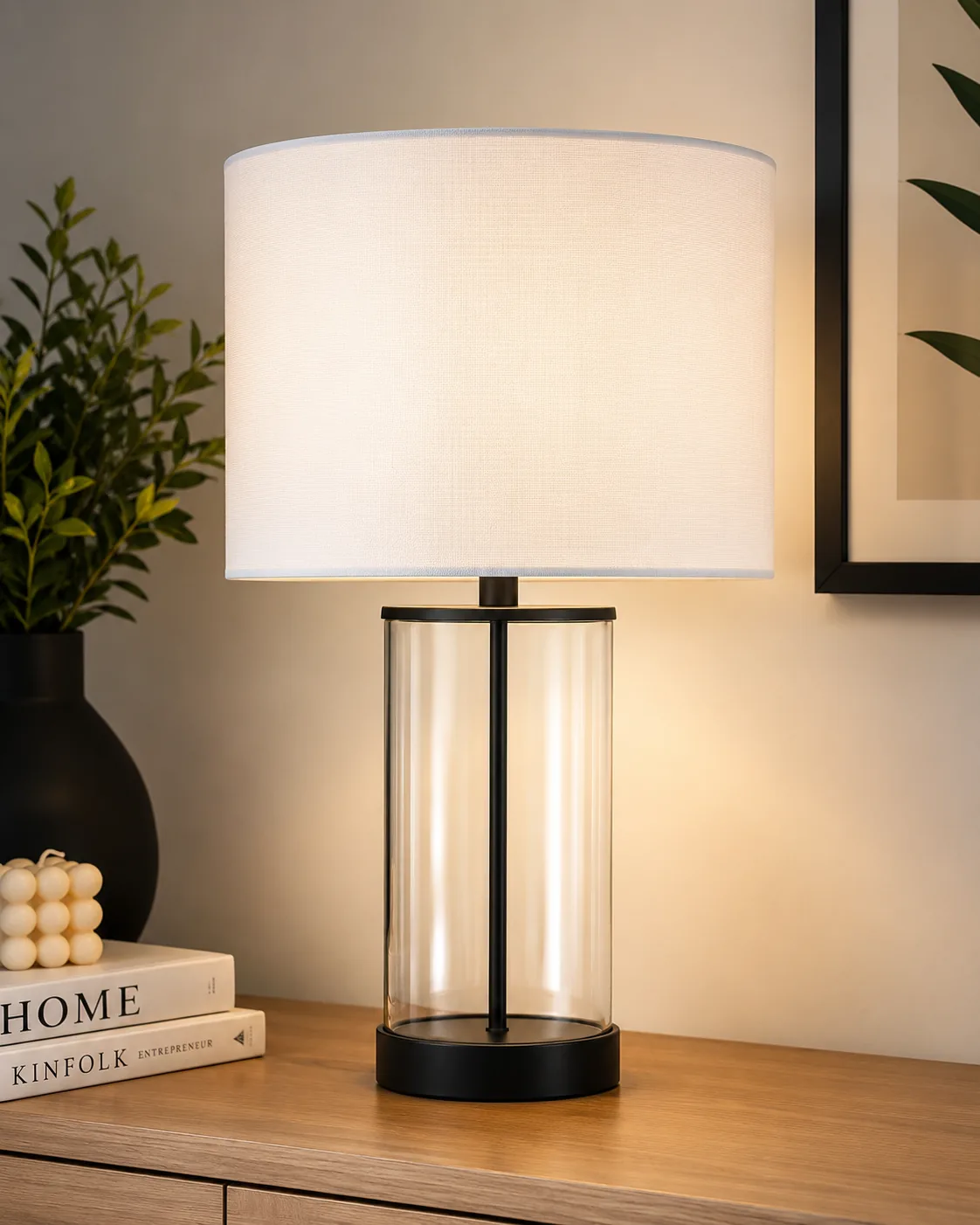 Modern Glass Table Lamp with White Fabric Shade