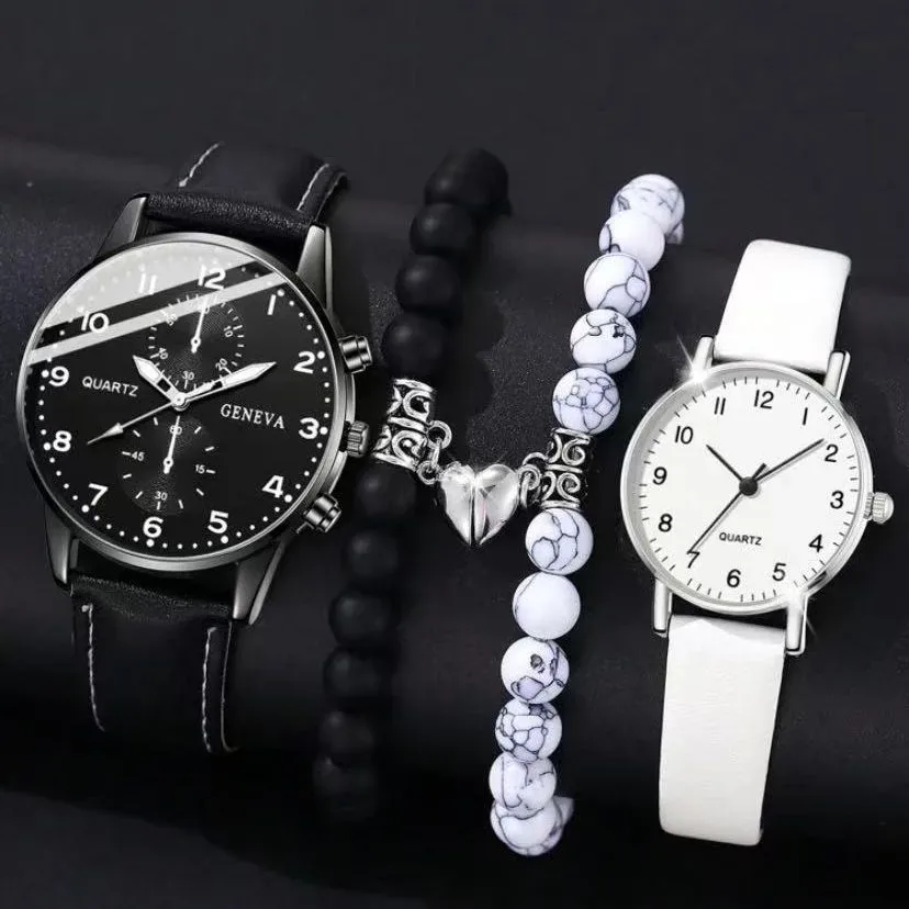 4PCS Couple Black And White PU Leather Strap Fashion Casual Vintage Classic Digital Scale