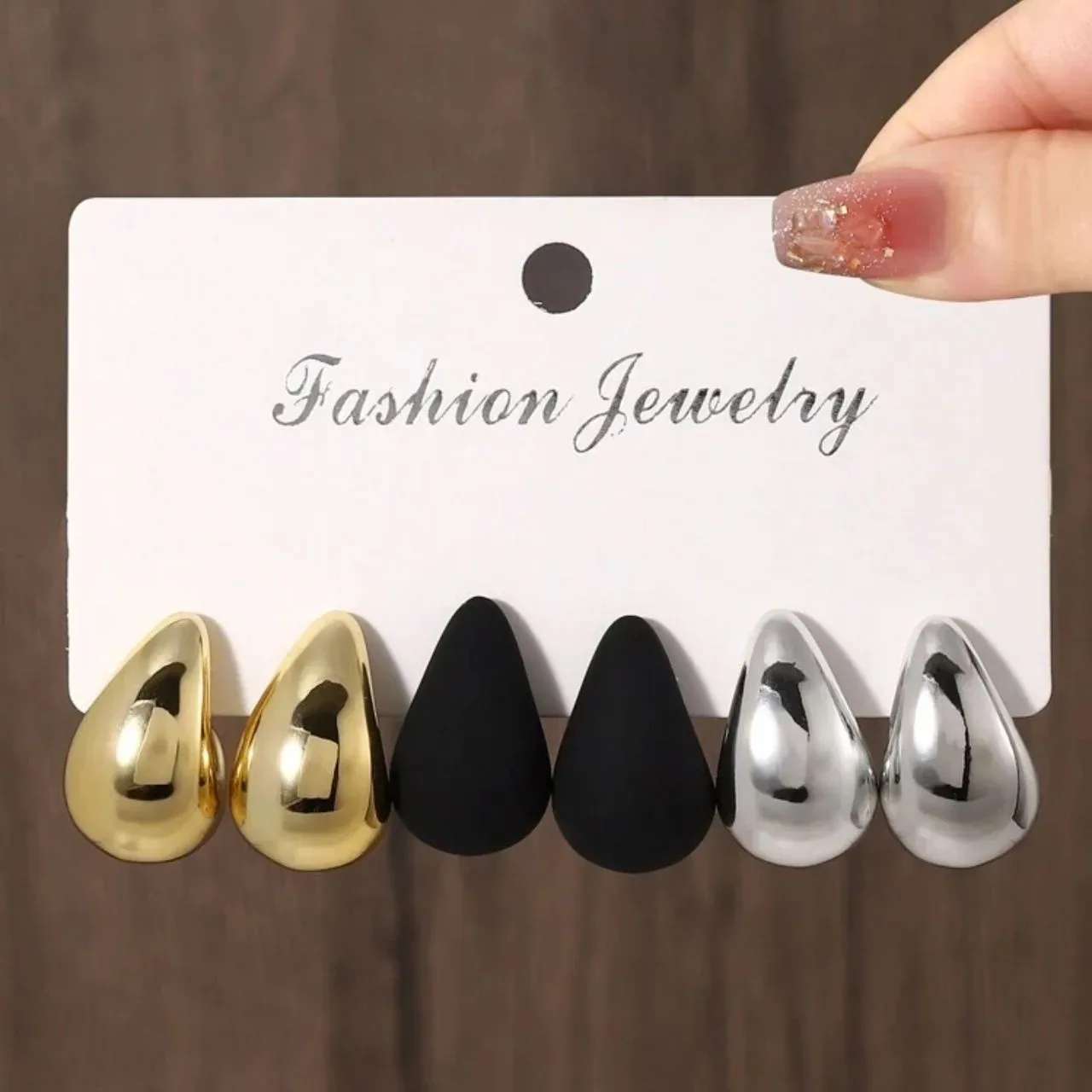 Minimalist Teardrop Stud Earrings Set (Gold, Black & Silver)
