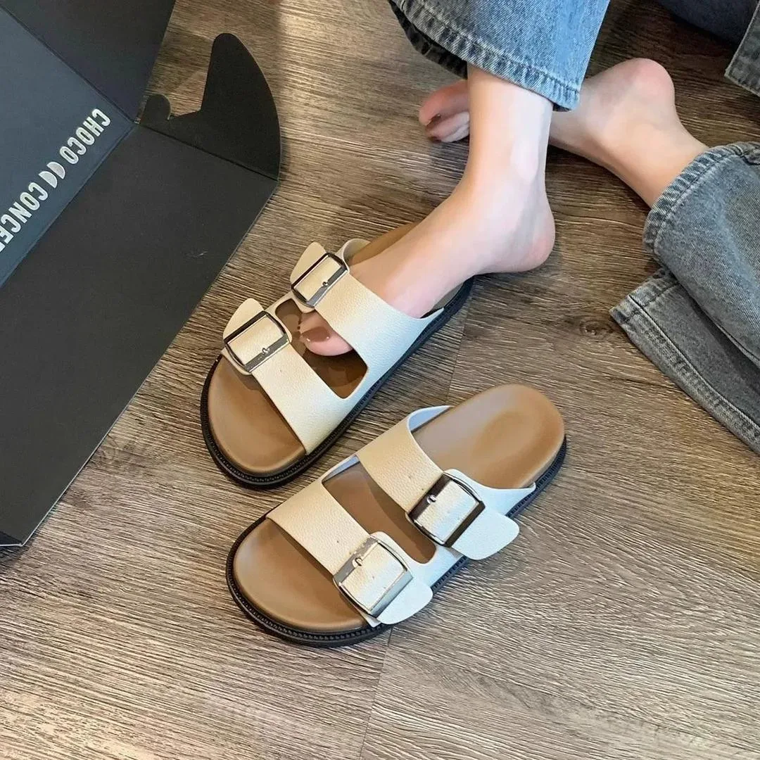 Boken Retro Thick Sole Double Buckle Flip Flops for Women Summer Simple Outside Slippers