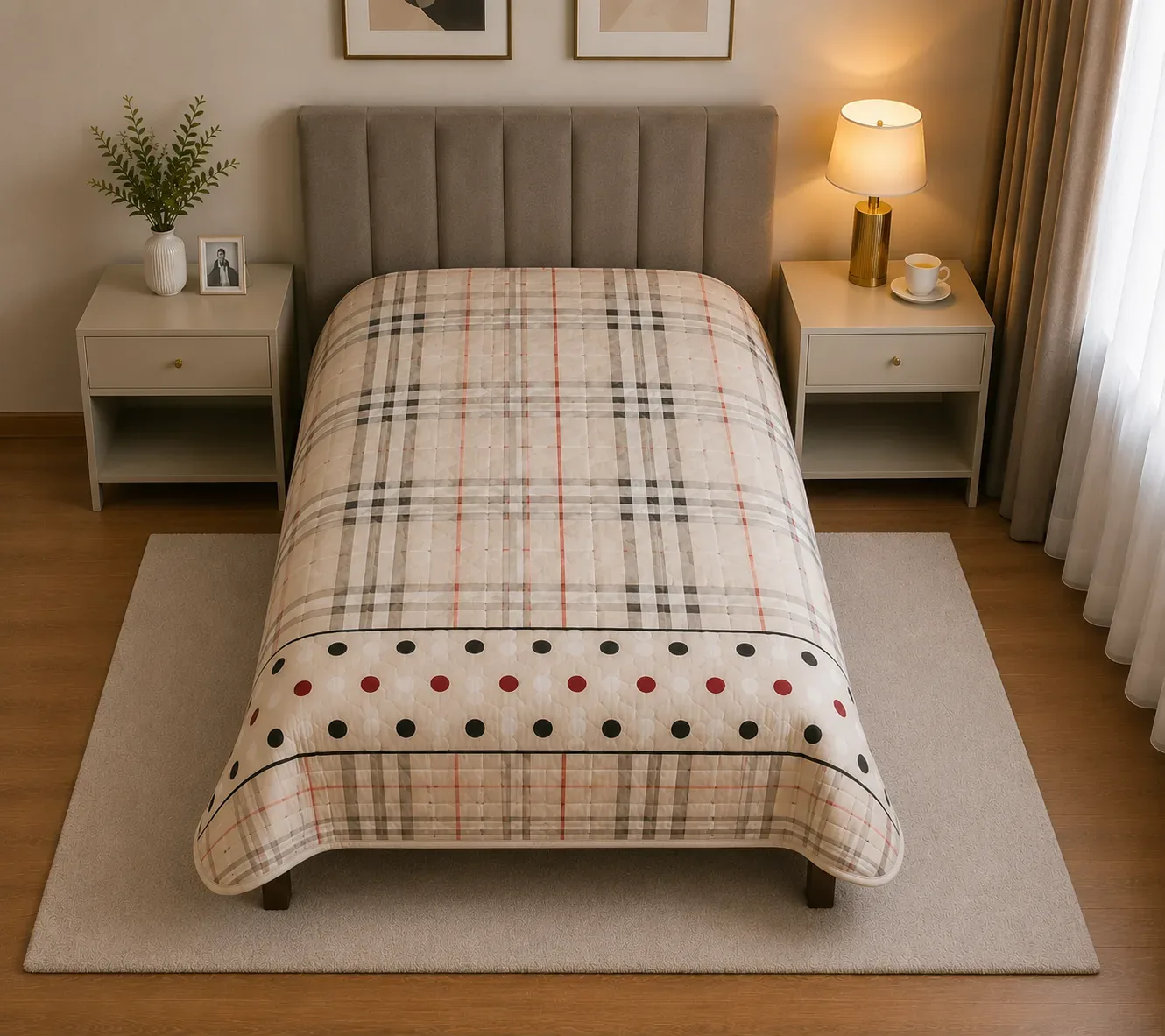 2 in 1 Reversible Quilted Bedcover – Plaid & Floral Design (140cm × 160cm)