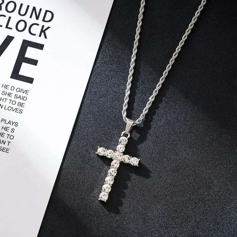 Fashion Simple Cross Necklace Silver Color Crystal Jesus Cross Pendant Necklace for Men Women