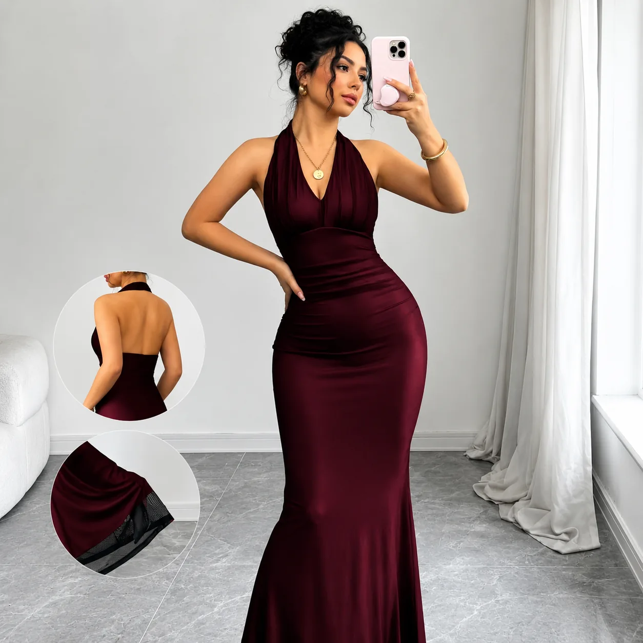 Elegant Halter Neck Mermaid Maxi Dress – Wine Red