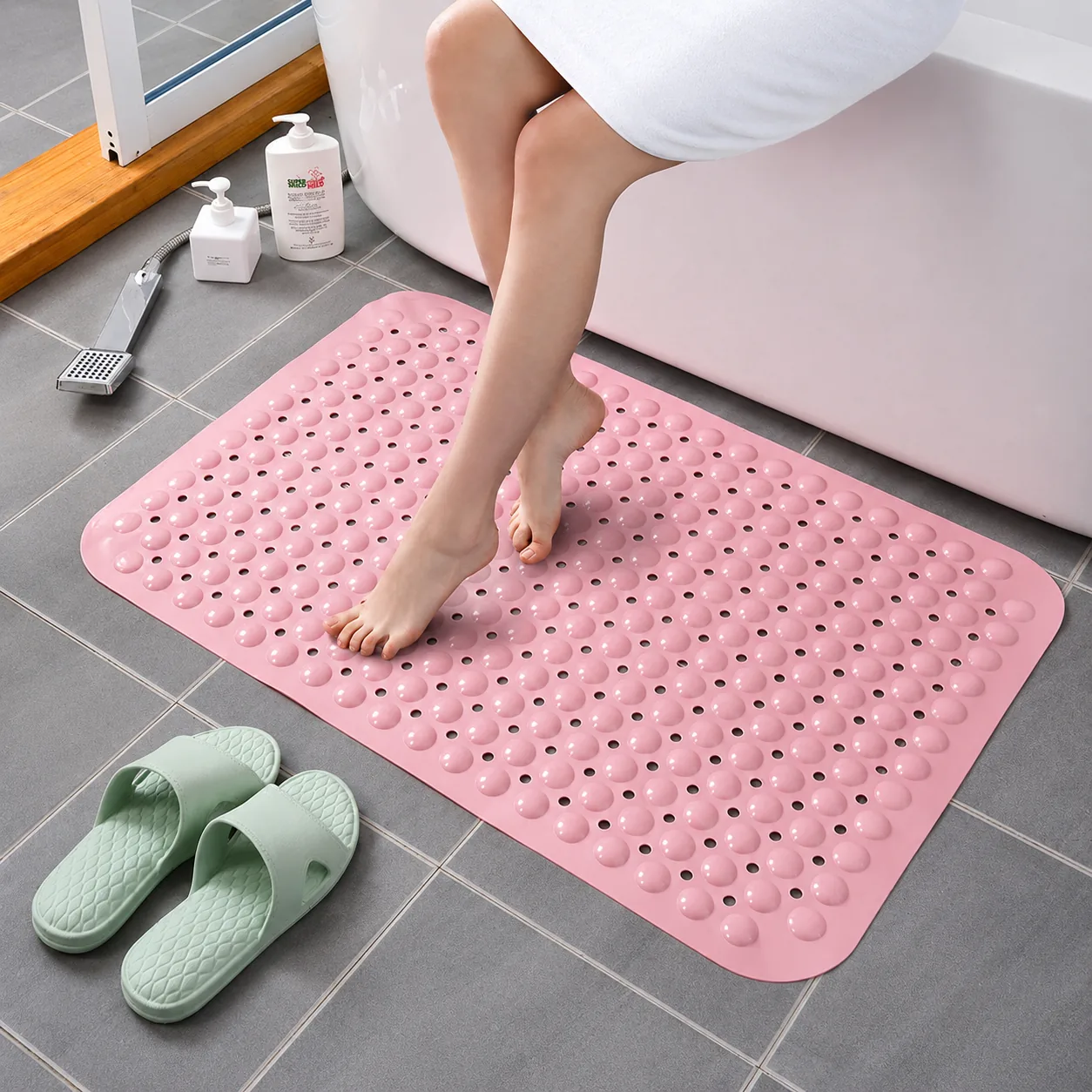 Premium Non-Slip PVC Bathroom Bath Mat (Pink & Light Green)