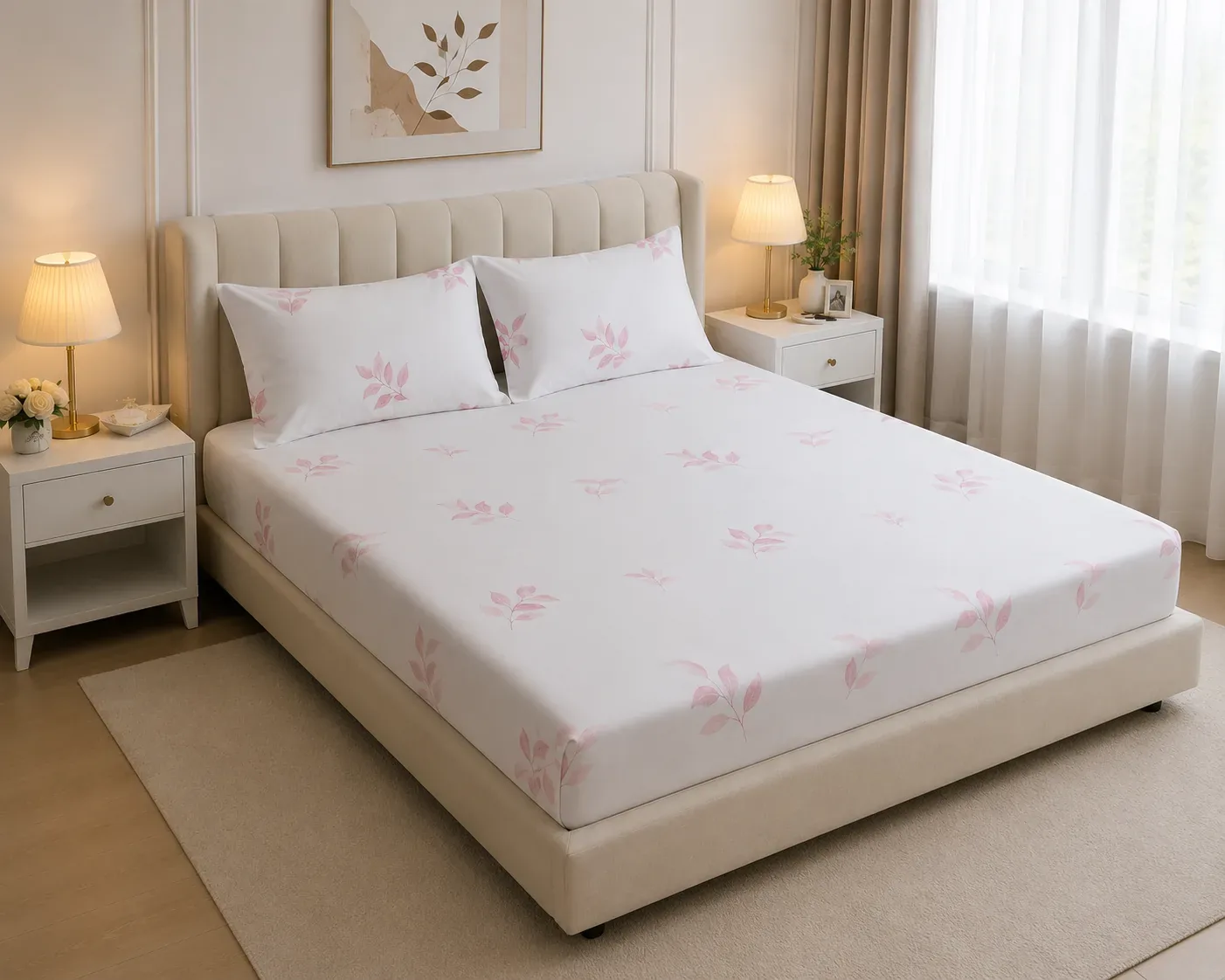 Soft Pink Leaf Bedsheet Set – 2.50m × 2.50m