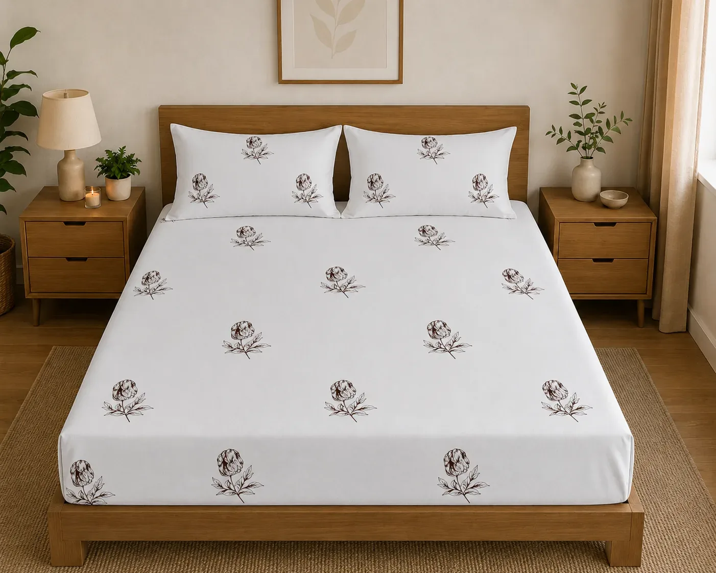 Classic White Floral Cotton Bedsheet Set with pillow covers – 2M