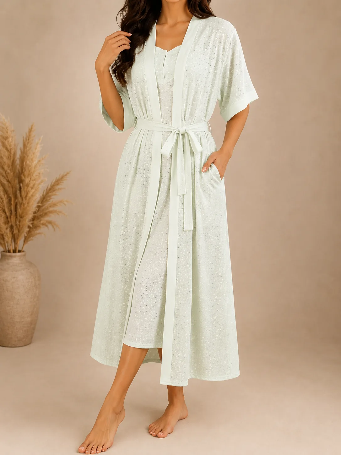 Elegant Eyelet Cotton Lounge Robe Set – White