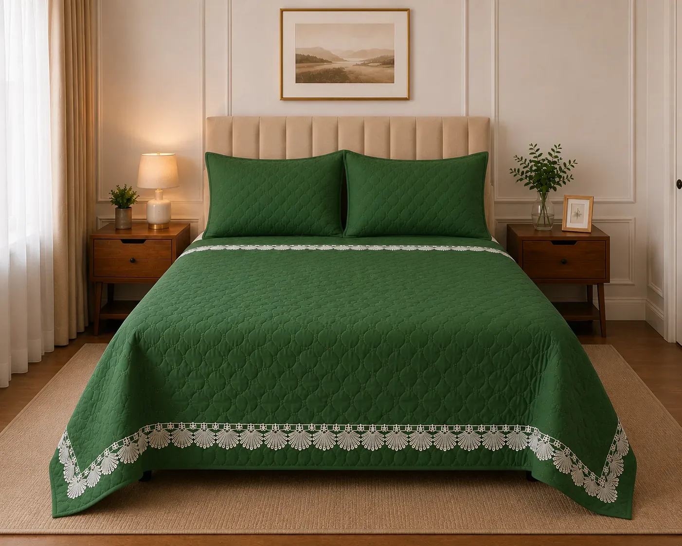 Elegant Quilted Bedcover Set with Lace Design 2.20Meter  – Turquoise Blue and Green with pillow cover