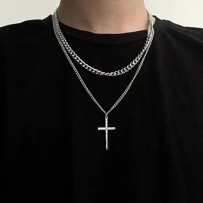 Multilayer Cross Pendant Necklace Silver Cross Necklace Chunky Chain